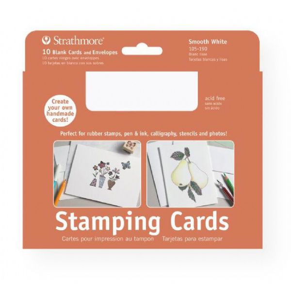 Strathmore 105-190 Stamping Cards 10-Pack Full-size; These exceptionally smooth, bright white cards are perfect for rubber stamp creations; Also great for calligraphy, stencils, mounting photos, pen and ink drawings!; Cards are 80 lb cover and envelopes are 80 lb text; Full size cards measure 5