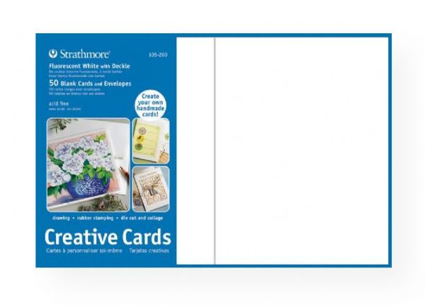 Strathmore 105-260 Fluorescent 5 x 6.875 White/Deckle Creative Cards 50-Pack; These larger size cards can be used to design a greeting for any occasion from birthdays, holidays, and invitations to general correspondence; Cards are 80 lb cover and measure 5
