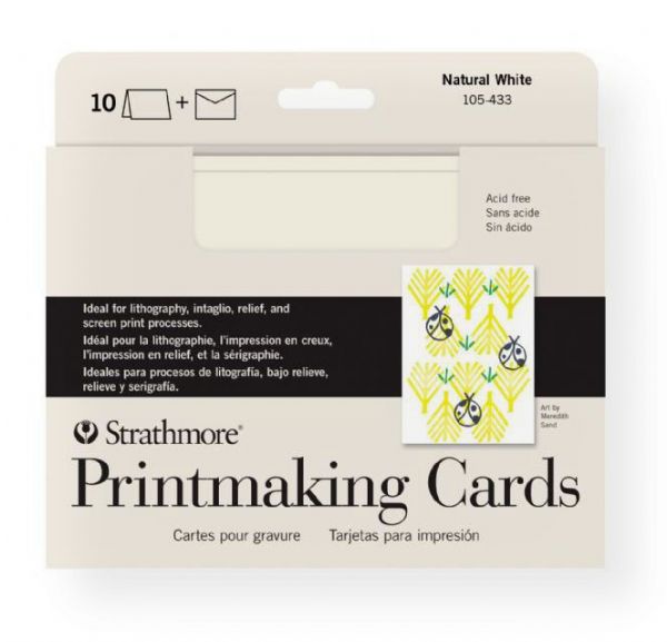 Strathmore 105-433 Full Size Printmaking Cards 10-Pack; Natural white 280g paper for printmaking processes that require a heavier paper such as lithography, intaglio, and screen print; Also suitable for relief printing; The medium-texture surface is soft, durable, and can absorb large amounts of ink; Paper contains high alpha cellulose wood fiber; Acid-free; UPC 012017701337 (STRATHMORE105433 STRATHMORE-105433 STRATHMORE-105-433 STRATHMORE/105433 105433 CRAFTS ARTWORK CORRESPONDENCE)
