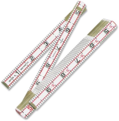 Lufkin 1066D Red End Folding Ruler, 6'; 1/10 and 1/100 of a foot, 1/16 of an inch graduations; Double graduations on both sides and both edges; Made of boxwood, 25 percent thicker than regular wood ruler; Black graduations with abrasive-resistant coating; Strong lock joints for accuracy; Brass-plated end caps and strike plates; Dimensions 8