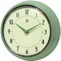 Infinity Instruments 10940-GREEN Retro Green Solid Iron Wall Clock, 9.5" Round, Matching Metal Hands, Silver Bezel, Convex Glass Lens, Black Numbers, White Face, UPC 731742019400 (10940GREEN 10940 GREEN 10940/GREEN) 