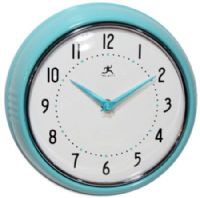 Infinity Instruments 10940-TQSE Retro Turquoise Solid Iron Wall Clock, 9.5" Round, Matching Metal Hands, Silver Bezel, Convex Glass Lens, Black Numbers, White Face, UPC 731742094018 (10940TQSE 10940 TQSE 10940-TQSE) 