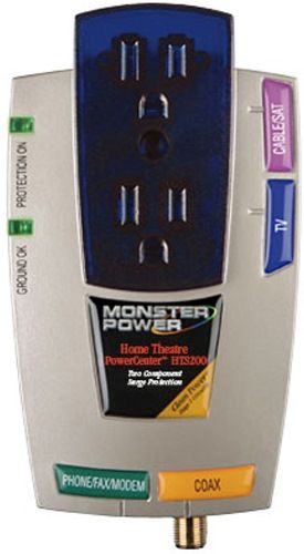 Monster 109460-00 Model FS MP HTS200 FlatScreen Power Center, Monster Clean Power Stage 1 v.2.0 circuitry filter dramatically reduces electronic noise, Two AC outlets for AC protection, One pair coaxial connections for cable TV/HDTV protection, one pair phone connections for satellite/DVR/phone protection, UPC 050644343384 (10946000 109460 00 FSMPHTS200 FS MP HTS200)