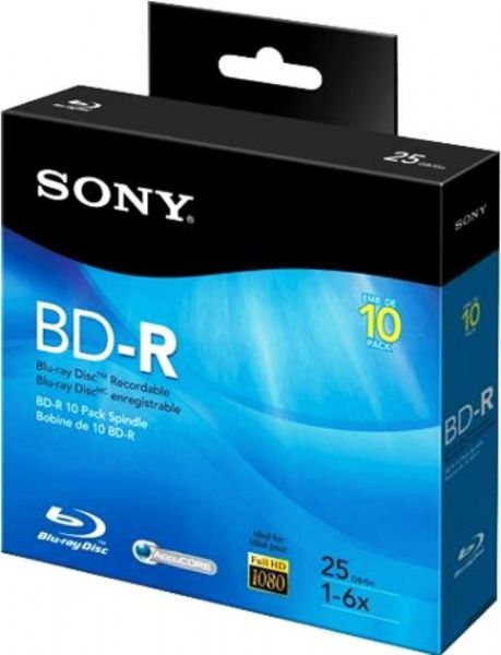 Sony 10BNR25RNS Blu-Ray Recordable Media, 25 GB Storage Capacity, 6x Maximum Write Speed, BD-R Media Formats, 120mm Form Factor, UPC 027242824485 (10BNR25RNS 10-BNR25RNS 10 BNR25RNS 10BNR-25RNS 10BNR 25RNS)