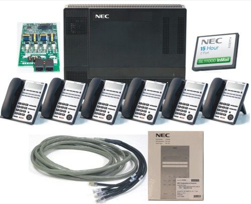 NEC 1100005 Model SL1100 Quick Start Phone System Kit; Includes: (1) 1100010 SL1100 Main Basic KSU, (1) 1100022 4 port CO Trunk Daughter Card, (1) 1100112 2-port InMail CompactFlash, (6) 1100061 12-button Digital Telephone, (1) 808920 Installation Cable and (1) 1100066 DESI Sheets (11-0005 110-0005 1100-005 11000-05)