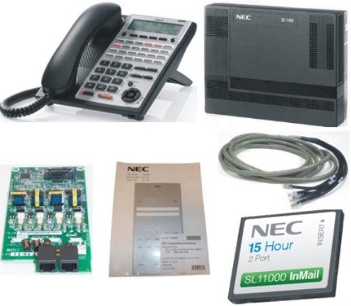 NEC 1100009 Model SL1100 Digital Quick Start Kit; Includes: (1) 1100010 SL1100 Main Basic KSU, (1) 1100022 4 port CO Trunk Daughter Card, (1) 1100112 2-port InMail CompactFlash, (6) 1100063 24-button Digital Telephone, (1) 808920 Installation Cable and (1) 1100067 24 Button Designation Sheets (pack of 25); UPC 714627149836 (11-0009 110-0009 1100-009 11000-09)