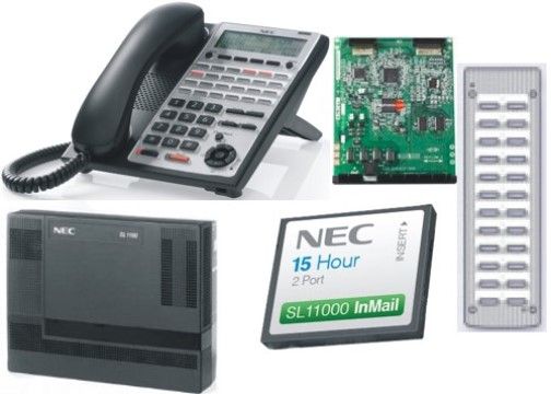 NEC 1100013 Model SL1100 IP Quick Start Kit with SIP Trunk; Includes: (1) 1100010 SL1100 Main Basic KSU, (1) 1100111 16-channel VoIP Daughter Board with (4) SIP trunk ports, (1) 1100112 2-port InMail CompactFlash, (6) 1100161 24-button IP telephone (BK) and (1) 1100067 24B Designation Sheets (pkg of 25); UPC 714627149881 (11-0013 110-0013 1100-013 11000-13)