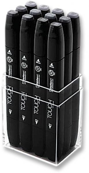 ShinHan Art 1101203 TOUCH Twin, 12-Piece Cool Gray Marker Set; Ergonomically designed body for the perfect grip; Now in 204 brilliant colors; Double-ended with fine and broad nibs; Advanced alcohol-based ink; The finest control of ink flow, absolutely no smudging or bleeding; Odorless; A specially designed safety cap stacks neatly and prevents damage to the nibs; UPC 8809309663402 (SHINHANART1101203 SHINHAN ART 1101203)