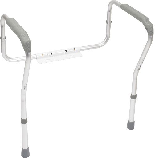 Drive Medical 12001KD-1 Toilet Safety Frame; Anodized aluminum is sturdy and lightweight; Powder coated aluminum bracket easily attaches frame to toilet; Waterfall armrests provide additional comfort and support; Arms are height and width adjustable; Dimensions 25.5