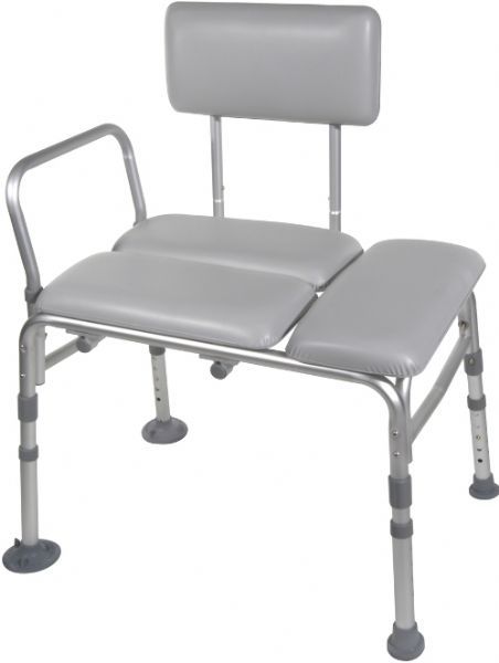 Drive Medical 12005KD-1 Padded Seat Transfer Bench; Comfortable cushioned seat and backrest; New A frame construction provides additional stability; 1 Aluminum frame is lightweight, sturdy and corrosion resistant; Height adjusts in 0.5 increments with unique Dual Column extension legs; Back reverses without tools; UPC 822383225555 (DRIVEMEDICAL12005KD1 DRIVE MEDICAL 12005KD-1 PADDED SEAT TRANSFER BENCH)