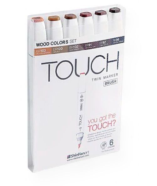 ShinHan Art 1200610 TOUCH Twin Brus Wood Colors 6-Piece Marker Set; An advanced alcohol-based ink formula that ensures rich color saturation and coverage with silky ink flow; The alcohol-based ink doesn't dissolve printed ink toner, allowing for odorless, vividly colored artwork on printed materials; EAN 8809326961956 (SHINHAN-ART-1200610 TOUCH-TWIN-BRUS-1200610 PAINTING DRAWING)