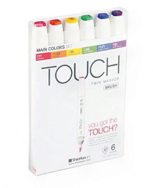 ShinHan Art 1200613 TOUCH Twin Brus Main Colors 6-Piece Marker Set; An advanced alcohol-based ink formula that ensures rich color saturation and coverage with silky ink flow; The alcohol-based ink doesn't dissolve printed ink toner, allowing for odorless, vividly colored artwork on printed materials; The delivery of ink flow can be perfectly controlled to allow precision drawing; EAN 8809326960294 (SHINHAN-ART-1200613 TOUCH-TWIN-BRUS-1200613 PAINTING DRAWING)