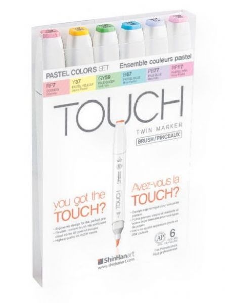 ShinHan Art 1200616 TOUCH Twin Brus Pastel Colors 6-Piece Marker Set; An advanced alcohol-based ink formula that ensures rich color saturation and coverage with silky ink flow; The alcohol-based ink doesn't dissolve printed ink toner, allowing for odorless, vividly colored artwork on printed materials; The delivery of ink flow can be perfectly controlled to allow precision drawing; EAN 8809326961932 (SHINHAN-ART-1200616 TOUCH-TWIN-BRUS-1200616 PAINTING DRAWING)
