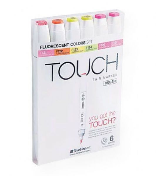 ShinHan Art 1200623 TOUCH Twin Brus Fluorescent Colors 6-Piece Marker Set; An advanced alcohol-based ink formula that ensures rich color saturation and coverage with silky ink flow; The alcohol-based ink doesn't dissolve printed ink toner, allowing for odorless, vividly colored artwork on printed materials; The delivery of ink flow can be perfectly controlled to allow precision drawing; EAN 8809326961895 (SHINHAN-ART-1200623 TOUCH-TWIN-BRUS-1200623 PAINTING DRAWING)