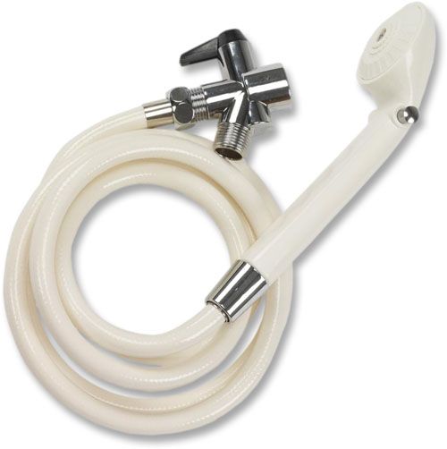 Drive Medical 12037 Handheld Shower Head Spray With Diverter Valve; On / Off switch built into handle for easy access; Wall holder and extra-long 80 white reinforced nylon hose provides extra convenience; Comes with diverter valve that allows either the regular shower head to operate or be used as a hand held shower spray; Plastic; 80