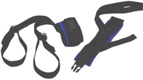 Mabis 12073 Quick release buckle provides easy patient access, Color coded neoprene helps easily identify proper restraint in an emergency, Two straps secure easily to bed frame through double D-rings, Intended for use with ER Ankle Restraint, 12076, Rx only, Wrist - each strap adjusts to 16