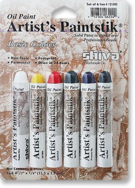 Shiva 121302 Paintstik, Oil Paint Artist's Color 6-Piece Pro Basic Set; Ideal for sketching, outlining, or covering large areas and colors are mixable; Can be spread or blended and used in conjunction with conventional oil paint; No unpleasant odors or fumes; Non-toxic and hypo-allergenic; Blistercarded; 6-piece pro basic set; UPC 717304062244 (SHIVA121302 SHIVA 121302 SP121302 SP 121302 SP-121302)