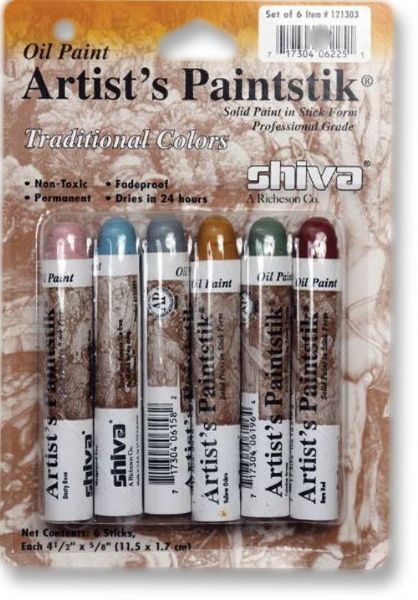 Shiva 121303 Paintstik, Oil Paint Artist Color 6-Piece Pro Traditional Set; Ideal for sketching, outlining, or covering large areas and colors are mixable; These oil paint sticks can be used with traditional oil paint techniques, mediums, varnishes, and surfaces; Non-toxic and hypo-allergenic; Blistercarded; 6-piece pro traditional set; UPC 717304062251 (SHIVA121303 SHIVA 121303 SP121303 SP 121303 SP-121303)