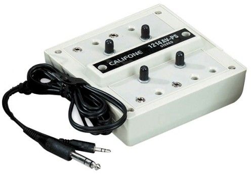 Califone 1214AVPS Stereo Jackbox, 4 Position, Beige, Four learning positions, each with 1/4 and 3.5mm jacks and individual volume control, Permanently attached 6 cord with 1/4 and 3.5mm plugs connects with media players, Two predrilled holes to permanently affix to countertop (1214AV-PS 1214AV PS 1214) 