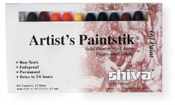 Shiva 121502 Paintstik Oil Paint Artist Color 12 Piece Professional Set; Made from refined linseed oil blended with a quality pigment and solidified into a convenient stick form for a rich, creamy, buttery consistency; Ideal for sketching, outlining, or covering large areas and colors are mixable; UPC 717304062282 (121502 1-21502 12150-2 SHIVA121502 SHIVA-121502 SHIVA12150-2)