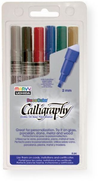 Marvy 125-6A DecoColor Calligraphy Paint Markers 6 Color Set; Create beautiful lettering with calligraphy paint markers; Design elegant personalized gifts, invitations, documents and announcements; Markers feature a flat chisel point 2 mm nib; Oil based paint formula allows for a gloss finish to any non porous surface; UPC 028617125619 (MR125-6A 125-6A 1256A DECOCOLOR-125-6A MARVY125-6A MARVY-125-6A)