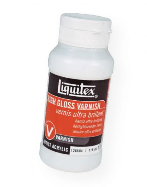 Liquitex 126604 High Gloss Varnish 4 oz; Low viscosity, fluid; Translucent when wet, clear when dry; 100% acrylic polymer varnish; Water soluble when wet; Good chemical and water resistance; Dry to a non-tacky, hard, flexible surface that is resistant to dirt retention; Resists discoloring due to humidity, heat and ultraviolet light; Depending upon substrate, allows moisture to pass through; Not for use over oil paint; UPC 094376926071 (LIQUITEX126604 LIQUITEX-126604 LIQUITEX/126604 ARTWORK)