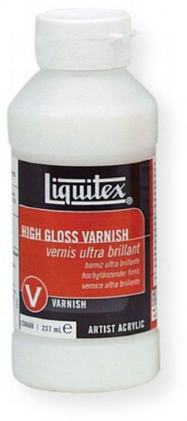 Liquitex 126608 High Gloss Varnish 8oz; Low viscosity, fluid; Translucent when wet, clear when dry; 100 percent acrylic polymer varnish; Water soluble when wet; Good chemical and water resistance; Dry to a non tacky, hard, flexible surface that is resistant to dirt retention; Resists discoloring due to humidity, heat and ultraviolet light; Depending upon substrate, allows moisture to pass through; UPC 094376945676 (126608 GLOSS-126608 VARNISH-126608 VARNISH126608 LIQUITEX126608 LIQUITEX-126608)