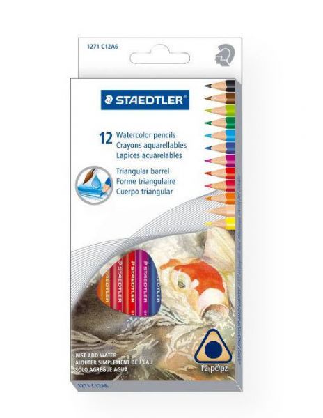Staedtler 1271C12 Triangular Watercolor Pencils 12-Set; Smooth, color-intensive watercolor pencils for fine art and craft use; Can be used on watercolor paper and board; Pencils are water-soluble; brush with water for smooth color washes; Excellent blending quality; Easy to sharpen; AP Certified; Assorted colors; 12-Set; Shipping Weight 0.19 lb; Shipping Dimensions 0.5 x 4.00 x 8.00 in; UPC 031901950101 (STAEDTLER1271C12 STAEDTLER-1271C12 STAEDTLER/1271C12 ARTWORK)