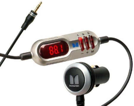 Monster 127515-00 Model MBL-FM XMTR300 RadioPlay 300 Universal Full Spectrum FM Transmitter, Plugs into your car's 12v DC lighter socket: no batteries required, Connects to the headphone jack on portable audio players, For use with mobile phones with 3.5mm jack, iPod, portable MP3, CD and DVD players and laptops (12751500 127515 MBLFMXMTR300 MBL-FM-XMTR300 MBLFM-XMTR300)