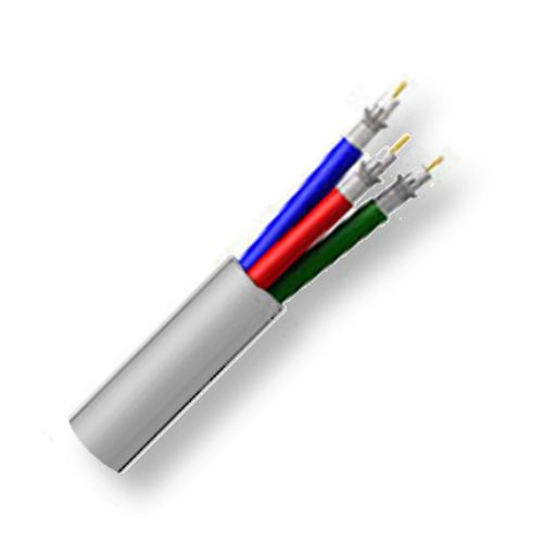 BELDEN1277P0081000, Model 1277P, 25 AWG, 3-Coax, RGB Video, Mini Hi-Resolution Cable; Gray; Plenum-CMP Rated; 25 AWG solid tinned copper conductors; FPFA insulation; Duofoil and tinned copper interlocked serve shield; Inner PVDF jackets; PVC jacket; UPC 612825110170 (BELDEN1277P0081000 TRANSMITION WIRE PLUG CONDUCTORS)