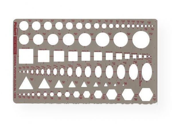 Pickett 1303I Metric General Purpose Template; Circles, squares, triangles, hexagons, and isometric ellipses in metric sizes; Circle diameters range from 2mm to 30mm; Size: 15cm x 25cm x .8mm; Shipping Weight 0.13 lb; Shipping Dimensions 10.00 x 6.00 x 0.12 in; UPC 014173153913 (PICKETT1303I PICKETT-1303I PICKETT/1303I ARCHITECTURE ENGINEERING DRAWING)