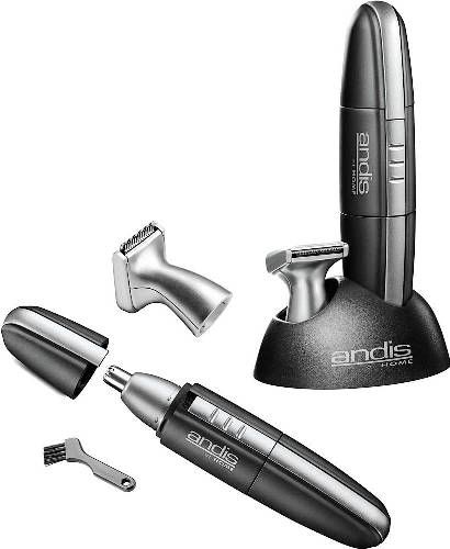 Andis 13085 Model MNT-3 EasyTrim Personal Trimmer 5-Piece Kit, Black; Safely trims nose and ear hair, shapes eyebrows in just seconds; Recessed cutting blades, safer than scissors; Beard attachment for maintaining beards, moustaches and sideburns; Cordless battery-operation, one 