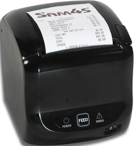 SAM4S 131045 Model GIANT 100 Compact Thermal Receipt Printer with USB+Serial+Ethernet Interface; Fast Speed of 250mm per Second; Guillotine Style, Jam-Free Durable Ceramic Auto-Cutter; Black/Red or Black/Blue Two-Color Printing Available on Appropriate Paper; Accepts 2-1/4