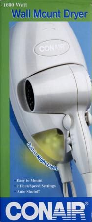 Conair 134R Wall Mount Compact Hair Dryer, 1600 watts power, LED night light, Automatically shuts off when placed in wall mount, Wall mount holds dryer securely in place, 2 speed/heat settings, Removable filter, 6' coil cord, UL listed, Weight 2.9 lbs, UPC 074108169631 (134-R 13-4R)