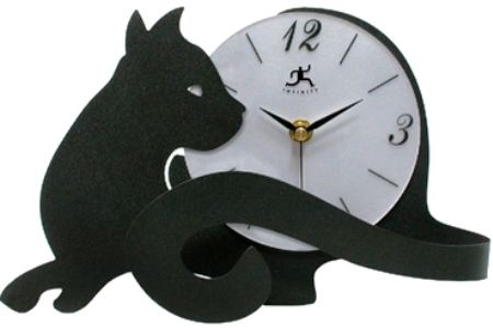 Infinity Instruments 13928-3066 Cat Tail Alarm/Tabletop Clock, Metal Black Cat Table Clock, Pearl Acrylic Dial, Black Metal Hands, Dimensions L 7