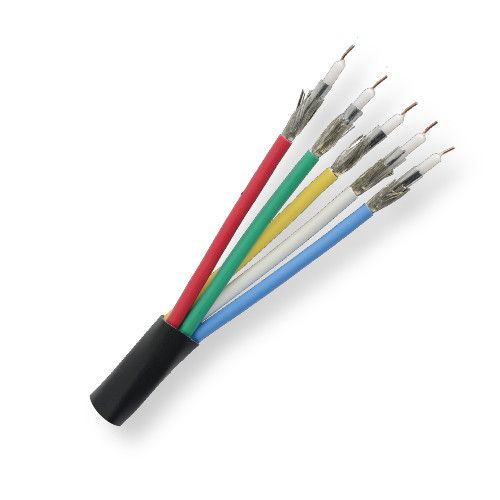 BELDEN1395RB591000, Model 1395R, 25 AWG, 5-Coax, RGB Video, Mini Hi-Resolution Cable; Black Color; CMR-Rated; 25 AWG solid Tinned copper conductors; Foam polyethylene insulation; Beldfoil Tape shield and Tinned copper serve; Inner PVC jackets; CMR overall PVC jacket; UPC 612825114420 (BELDEN1395RB591000 TRANSMISSION CONNECTIVITY WIRE IMAGE)