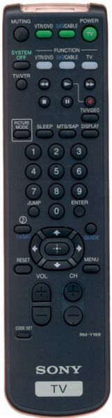 Sony 141838711 model RM-Y168 TV Remote Control, New, Genuine Original OEM Sony; Supplied With Models: KV-20FV12, KV-32S42, KV-32SF10, KV-35S42, KV-35V42, V-36FS10, KV-36FS12, KV-36HS500 (SON141838711 RM Y168 RMY168)