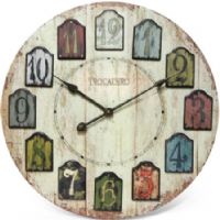 Infinity Instruments 14194-3258 Traditional Weathered Plank Wall Clock, 23.75" Round Diameter, MDF Medium Density Fibreboard Wood Grain Dial, Multi-Colored Raised Number Labels, Antiqued Metal Hands, Raised Arabic Numbers, UPC 731742141941 (141943258 14194 3258 14194/3258) 