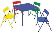 Cosco 14325RYB Kid's 5 Piece Folding Chair and Table Set; Great for children's crafts, activities, eating snacks, games and more; Fun, bright and vivid color; Easy assembly; Legs screw into top frame; Legs store under table top creating a thin profile; Easy clean vinyl top; Pinch free legs; UPC 044681344930 (14325-RYB 14325 RYB) 