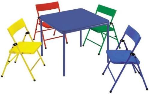 Cosco 14325RYB Kid's 5 Piece Folding Chair and Table Set; Great for children's crafts, activities, eating snacks, games and more; Fun, bright and vivid color; Easy assembly; Legs screw into top frame; Legs store under table top creating a thin profile; Easy clean vinyl top; Pinch free legs; UPC 044681344930 (14325-RYB 14325 RYB)