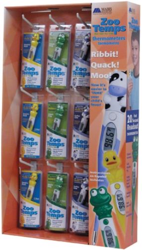 Mabis 144-705-018 18-Piece Zoo Temp Sidekick POP Display, Eye-catching and informative pre-packed retail display, Includes hardware to hang display, or can be displayed standing on most countertops, Three animal style thermometers, six pieces each  Duck, Cow, Frog (144-705-018 144705018 144705-018 144-705018 144 705 018)