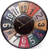 Infinity Instruments 14503 Time Travels Wall Clock, 31" Round Diameter, Metal License Plate Design, Iron Rod Partitions, Open Face, UPC 731742145031 (14-503 145-03) 