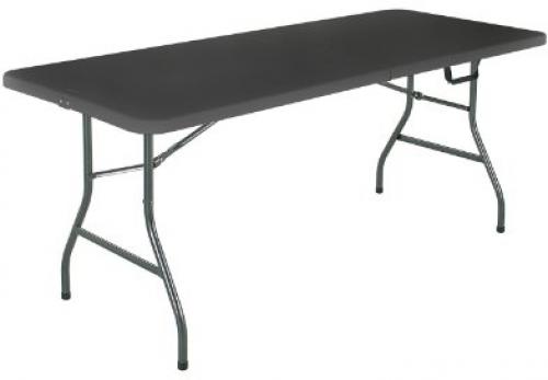 Cosco 14678BLK1 Black 6 foot Centerfold Blow Molded Folding Table; PERFECT FOR ANY ROOM - Moisture proof top for weather resistance; FULLY MOLDED TOP - Easy to clean surface; LIGHTWEIGHT - Easy to carry; NON-MARRING - Let tips protect floor surfaces; FOLDS IN THE CENTER - Just 36.500
