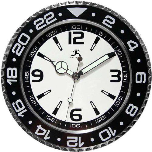 Infinity Instruments 14753BK-3776 Bazel Wall Clock; Infinity Instruments Bazel watch style designed steel wall clock is a classic sports watch designed clock that will look great in most homes; With large 12, 3, 6, and 9 Arabic Numerals and luminous hands make this classic style clock easy to read; 13.5