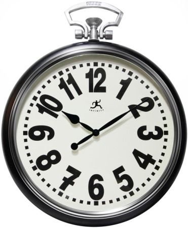 Infinity Instruments 14755BK-3778 Broadway Wall Clock; Classic pocket watch style wall clock with large bold numbers; Amazing wall clock gives the feel and look of the classic New York Broadway; Steel case; Dimensions 25