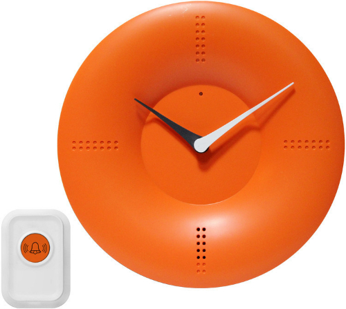 Infinity Instruments 14766OR Doorbell Clock Orange; Infinity Instruments Doorbell Clock is a one of a kind wall and/or tabletop clock that also doubles as a doorbell; Has a wireless remote and 20 different tones to choose from; The uses of this clock is limitless. With a modern design this stylish clock also comes with flashing LED reminder lights; 10