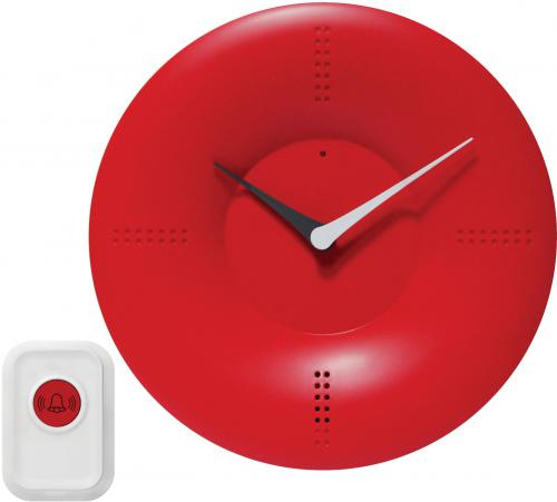 Infinity Instruments 14766RD Doorbell Clock Red Wall Clock; Infinity Instruments Doorbell Clock is a one of a kind wall and/or tabletop clock that also doubles as a doorbell; Has a wireless remote and 30 different tones to choose from; The uses of this clock is limitless; With a modern design this stylish clock also comes with flashing LED reminder lights; 10