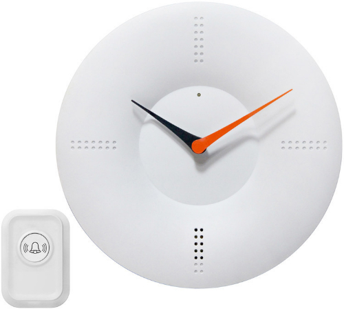 Infinity Instruments 14766WH Doorbell Clock White; Infinity Instruments Doorbell Clock is a one of a kind wall and/or tabletop clock that also doubles as a doorbell; Has a wireless remote and 20 different tones to choose from; The uses of this clock is limitless. With a modern design this stylish clock also comes with flashing LED reminder lights; 10