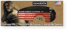 Generals 15 Charcoal Kit; A comprehensive 13 piece charcoal set that includes one charcoal white pencil, five charcoal pencils HB, 2B, 4B one of each and two 6B; 6 compressed charcoal sticks one white and five assorted black; A carbon sketch pencil, an all art sharpener, and a kneaded eraser.; UPC 044974155571 (G15 G-15 15 CHARCOAL-15 GENERALS15 GENERALS-15) 