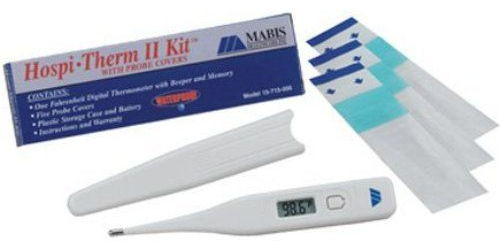 Mabis 15-713-000 Hospi-Therm Kit II Thermometer w/ 5 Probe Covers, Dual Scale, The Hospi-Therm Kit Thermometer is a personal thermometer ideal for patient admission kits. The kit includes a waterproof digital thermometer with beeper memory and fever alarm features (15-713-000 15713000 15713-000 15-713000 15 713 000)